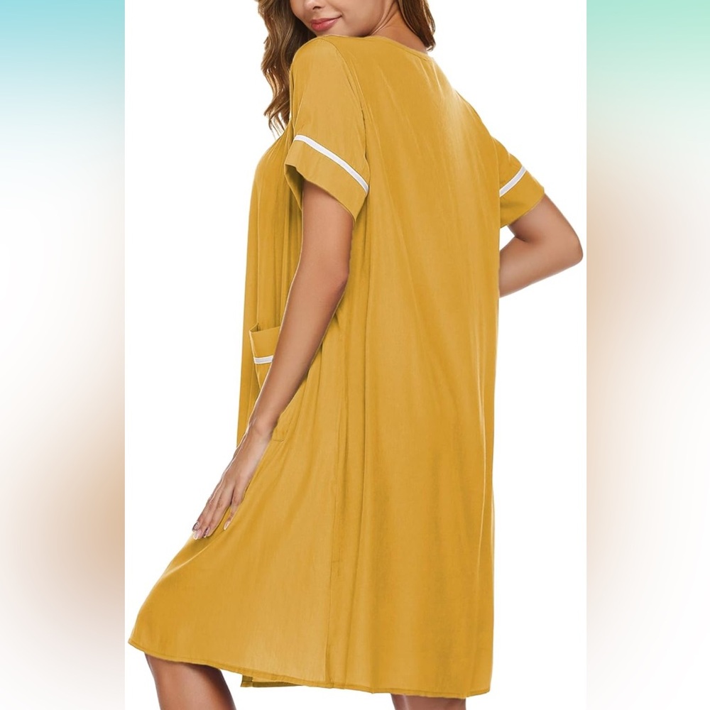 Yellow Button-Up House Dress with White Accents - Picture 11 of 16